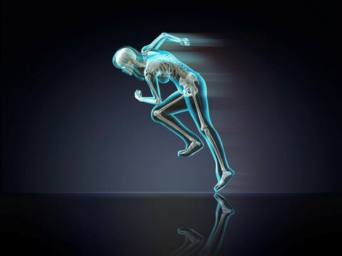 Blue X-ray of woman's skeleton running on dark blue background