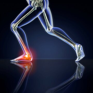 Man's legs running with ankle pain, blue X-ray on a dark blue reflective background