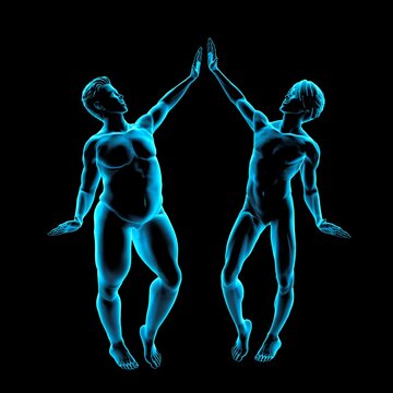 Obese and thin men giving high five, X-ray image