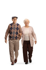 Full length portrait of an elderly couple walking towards camera and smiling