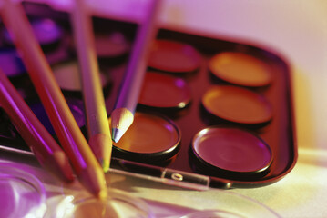 Close-up of colored pencils on a paint palette