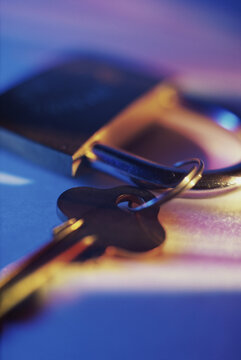 Close-up of keys on a padlock