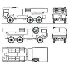 Rocket launcher. Rockets and shells. Special military equipment. Air Attack. Vector Military machine. Military vehicle logotype.