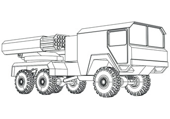 Rocket launcher. Rockets and shells. Special military equipment. Air Attack. Vector Military machine. Military vehicle logotype.