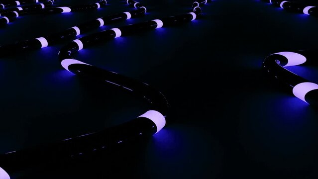 Abstract lilac flying luminous lights of same size along the trajectory of bended snake like black tube. Design. Purple curved stripe with moving lights.
