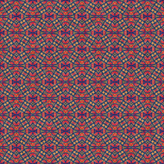 Indian boho summer bandana seamless symmetrical pattern. Versatile masculine red blue scarf print in kaleidoscopic floral ornamental style.