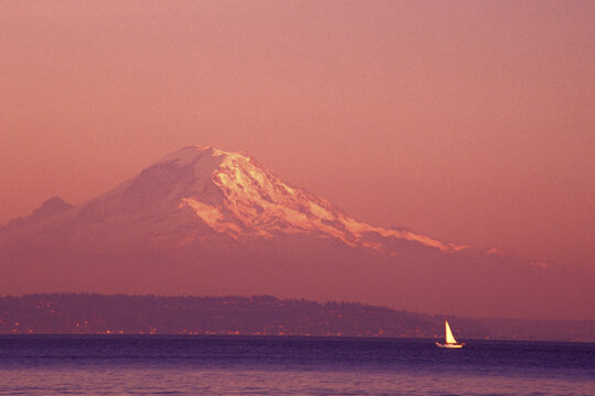 Yacht in the sea, Mount Rainier, Puget Sound, Washington State, USA