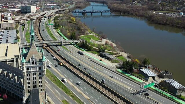 Aerial view of busy expressway through Albany, New York 4K