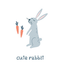 Cute cartoon character of a rabbit on its hind legs and a carrot.