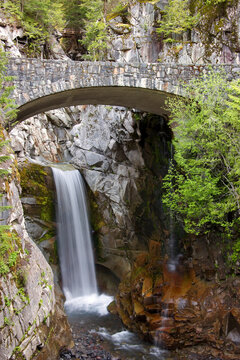 Bridge near a waterfall, Christine Falls, Mount Rainier National Park, Washington State, USA