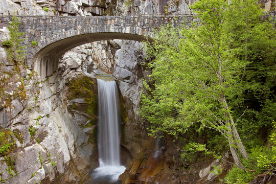 Bridge near a waterfall, Christine Falls, Mount Rainier National Park, Washington State, USA