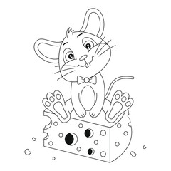 coloring page outline of cartoon cute mouse sits on cheese. colorful vector illustration,  coloring book for kids
