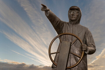 Low angle view of a fisherman's statue, Rotary Waterfront Park, Prince Rupert, British Columbia, Canada