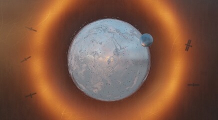 3D rendering. Metal planet in outer space, close-up
