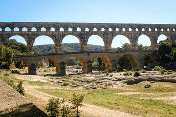 The Pont du Gard, an ancient Roman aqueduct bridge in France.