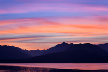 Fjord in front of mountains, Seabeck, Hood Canal, Olympic Mountains, Washington State, USA