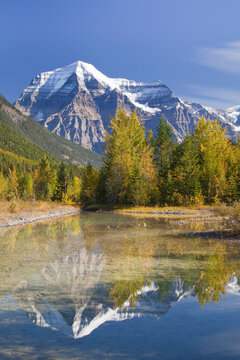 Reflection of mountains in water, Mt Robson, Mount Robson Provincial Park, British Columbia, Canada