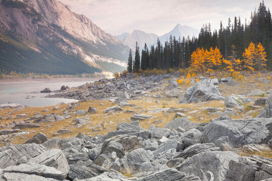 Lake in front of mountains, Medicine Lake, Jasper National Park, Alberta, Canada