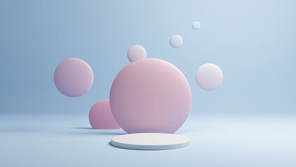 Podium product display against round geometric decoration. Abstract mock up template for product placement. 3D render. 3D illustration.