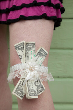 Low section view of a woman tied paper currencies with a garter, Creek Street, Ketchikan, Alaska, USA