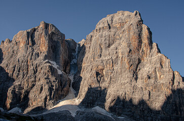 Cima Tosa mountain  with Crozzon di Brenta pillar as seen from the trail to Rifugio Brentei in Brenta Dolomites, Dolomites, Southern Limestone Alps, Trentino, Alto Adige, Trento, Italy  