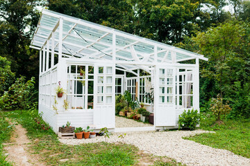 DIY greenhouse or Farmhouse using old windows and doors for extend your growing season. Planting and Spring gardening concept