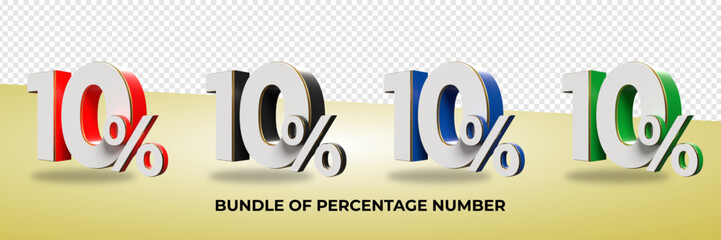 3D render bundle of number  10 % for sale discount, progress, colors variation
