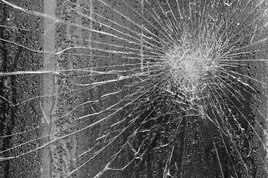 Damaged glass of a window, Ocean Falls, British Columbia, Canada
