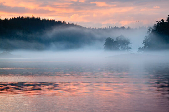 Strait with islands in the background, Broughton Island, Village Island, British Columbia, Canada