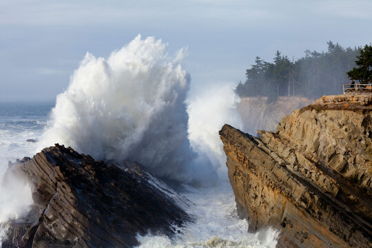 USA, Oregon, Shore Acres State Park, Ocean waves crashing against cliff