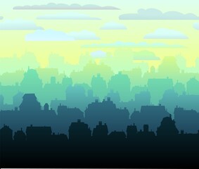 Downtown skyline. Horizontal seamless composition. Small city houses residential quarters. Cityscape with buildings. Housing silhouettes. Vector