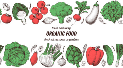 Vegetables hand drawn illustration. Top view frame. Vintage hand drawn sketch. Organic food poster. Good nutrition, healthy food. Vector illustration. Cabbage, fennel, artichoke, pepper, eggplant.