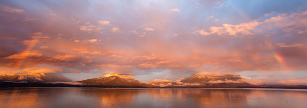 Sunrise rainbow over the sea, Hood Canal, Seabeck, Kitsap County, Washington State, USA