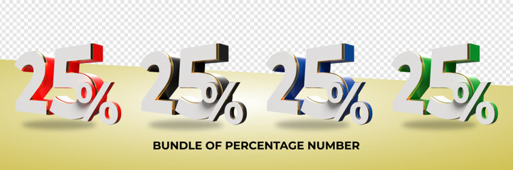 3D render bundle of number  25 % for sale discount, progress, colors variation