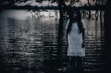 Portrait of asian woman make up ghost face at the swamp,Horror in water scene,Scary at...