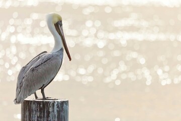 USA, California, San Diego, San Diego Harbor, Pelican perched on pole