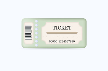 3d retro ticket to the cinema or circus. Vector illustration with number and barcode. Enter and watch the movie. Ticket access or pass to a concert. Concept of play, party, event, performance.