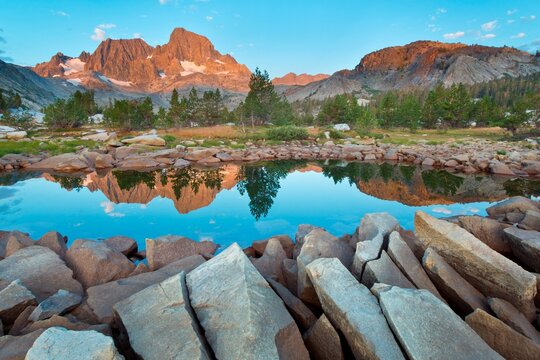 Reflection of mountains in a lake, Mt Ritter, Banner Peak, Garnet Lake, Ansel Adams Wilderness, Inyo National Forest, California, USA