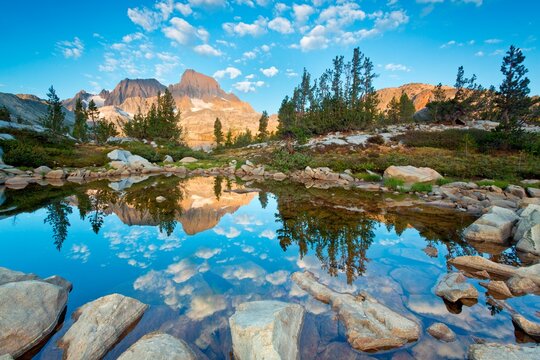 Reflection of mountains in a lake, Mt Ritter, Banner Peak, Garnet Lake, Ansel Adams Wilderness, Inyo National Forest, California, USA