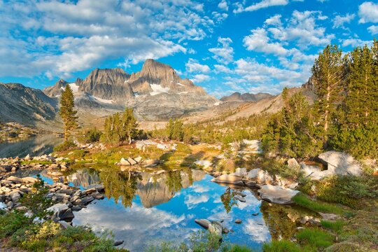 Reflection of mountains in a lake, Mt Ritter, Banner Peak, Garnet Lake, Ansel Adams Wilderness, Inyo National Forest, California, USA