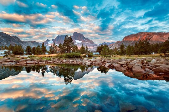 Reflection of clouds in a lake, Garnet Lake, Ansel Adams Wilderness, Inyo National Forest, California, USA