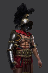 Fototapeta premium Shot of violent roman gladiator dressed in light armor and red cape against gray background.