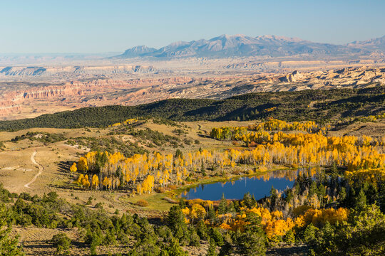 Utah, Fishlake National Forest. View of Round Lake, Capitol Reef National Park, and the Henry Mountains