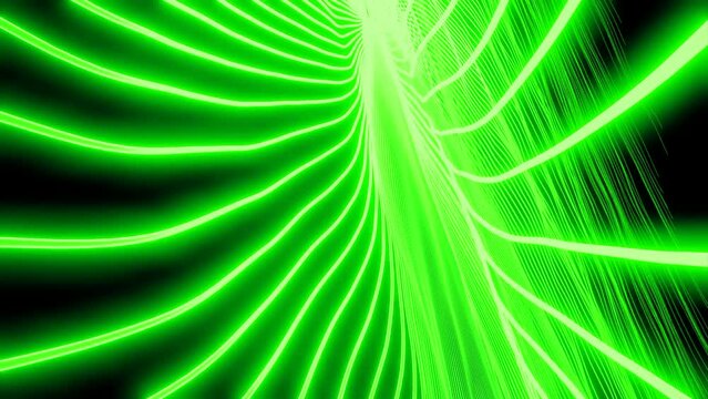 Abstract green neon rays around energy long core in the middle. Design. Narrow spreading lines on a black background, seamless loop.