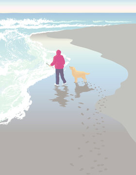 Rear view of a person standing on the beach with a Golden retriever