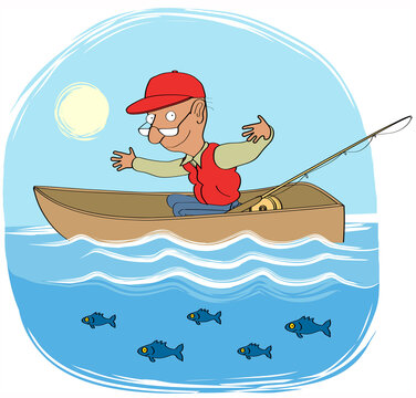 Man in rowing boat showing size of fish (Big fish 2), illustration