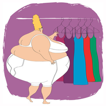 Overweight woman in underwear choosing dress