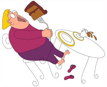 Temptation - man eating big piece of cake, illustration