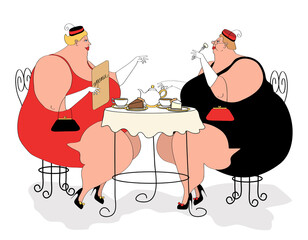 Two overweight women having tea and cake