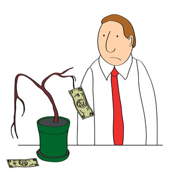 Sad man looking at withered plant with banknotes